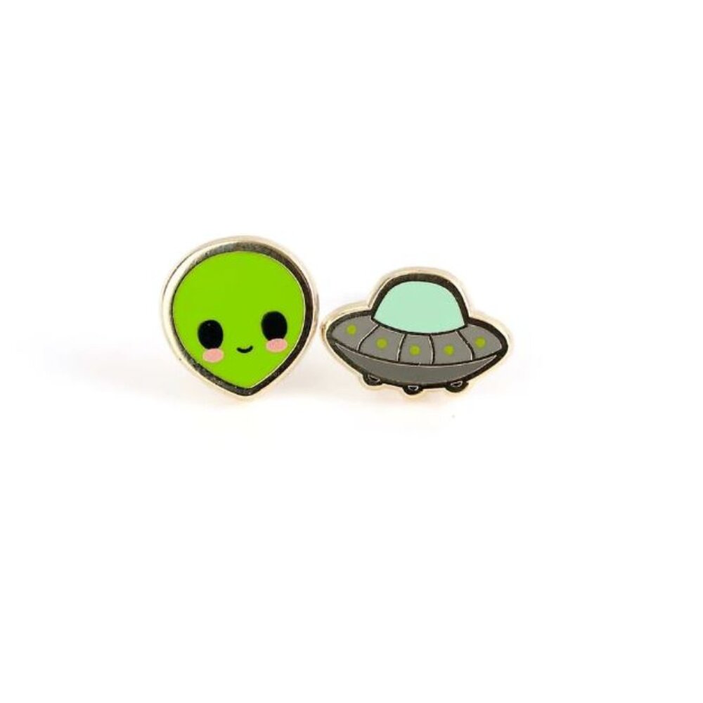 Cute Adorable Alien and Spaceship Earrings - Gold Plated - Brand New